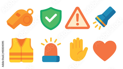 Safety and emergency icons: whistle, shield, warning, flashlight, vest, light, hand, heart