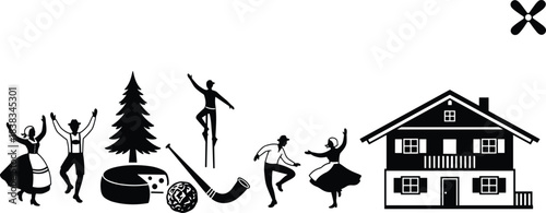 Bavarian and Alpine Culture Silhouettes with Traditional Dancing, Dirndl, Lederhosen, Chalet House, Cheese, and Alphorn Representing Germany Festival Vector.
