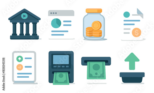Digital banking icons: coins money transfer atm financial management