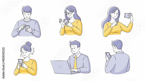 People with devices set. Female and male characters use smartphone, laptop, surfing the internet, browsing in social media. Business doodle concept. Vector illustration.