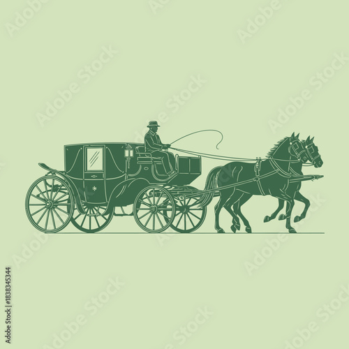 Equestrian conveyance sketch showcasing an antiquated carriage pulled by two horses in silhouette