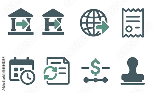 Financial technology icons: global transactions, receipts, schedules, currency, and authorization