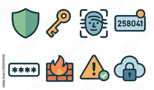 Cybersecurity icons set featuring shield, key, face id, barcode, password, firewall, warning, cloud lock