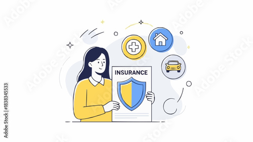 Woman use various insurance services to buy full coverage policy for building, vehicle, life. Insured persons or business concept. Vector illustration.