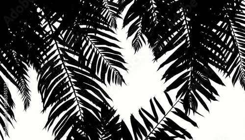 Dark silhouettes of tropical leaves against a bright background, showcasing intricate details,  jungle,  dark