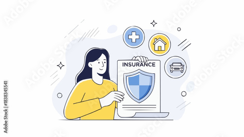 Woman use various insurance services to buy full coverage policy for building, vehicle, life. Insured persons or business concept. Vector illustration.