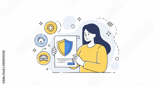 Woman use various insurance services to buy full coverage policy for building, vehicle, life. Insured persons or business concept. Vector illustration.