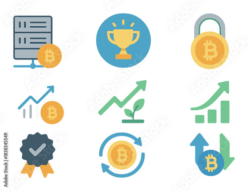 Cryptocurrency and blockchain concept with bitcoin, growth charts, and security icons