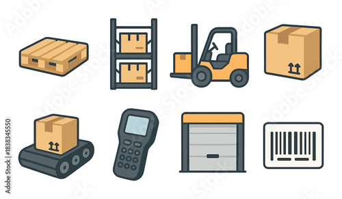 Warehouse equipment icons: pallet, shelving, forklift, boxes, barcode scanner