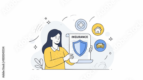 Woman use various insurance services to buy full coverage policy for building, vehicle, life. Insured persons or business concept. Vector illustration.