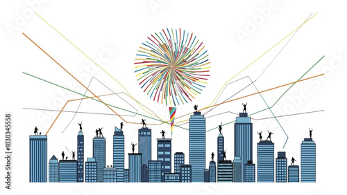 Urban Ascent: A stylized cityscape illustration, where figures on skyscraper tops reach toward a central burst of color and connecting lines that depict growth