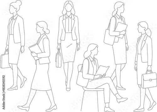 Collection of business women poses and outfits in line art drawing