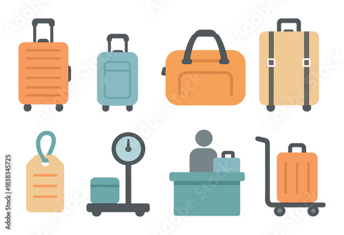 Colorful luggage and travel icons set in soft lighting