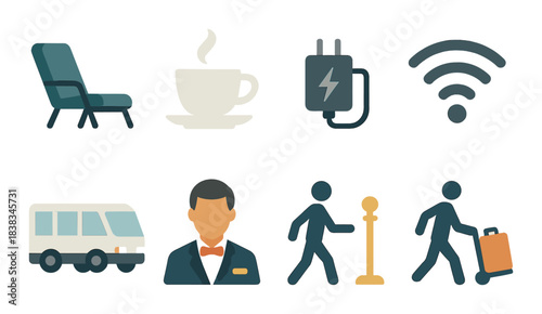 Hospitality icons: amenities, transportation, guest services, wi-fi, lounge access