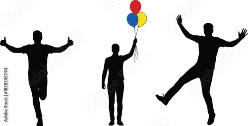 Silhouette figures in dynamic poses, including running, jumping, and holding colorful balloons, representing celebration, joy, movement, and expressive human actions in vector style