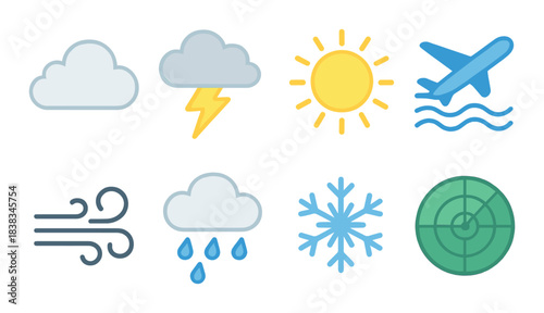 Weather icons: cloud, lightning, sun, airplane, wind, rain, snowflake, radar