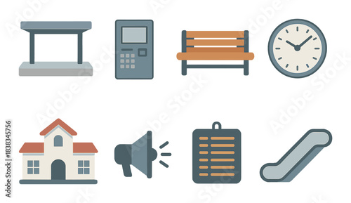 Urban design elements icons set: bench, clock, house, escalator, megaphone
