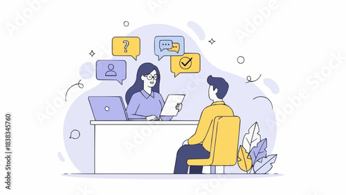 HR manager or recruiter interviewing work candidate, applicant. Job interview, vacancy, hiring recruitment process concept. Vector illustration.