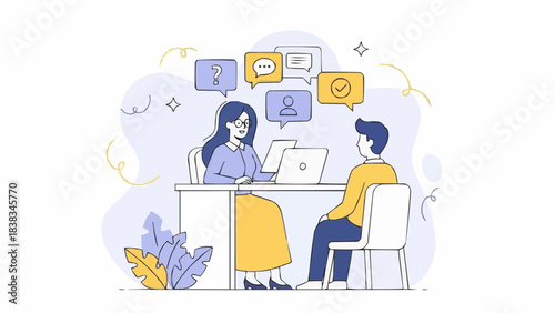 HR manager or recruiter interviewing work candidate, applicant. Job interview, vacancy, hiring recruitment process concept. Vector illustration.