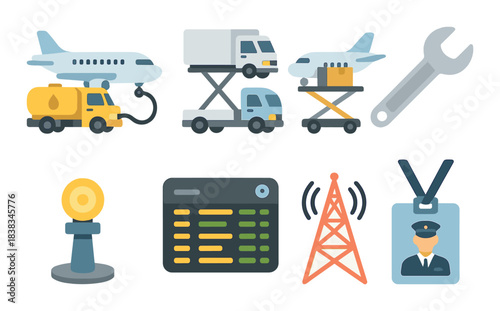 Airport operations icons: airplane, cargo, fuel truck, control tower, tools, badge
