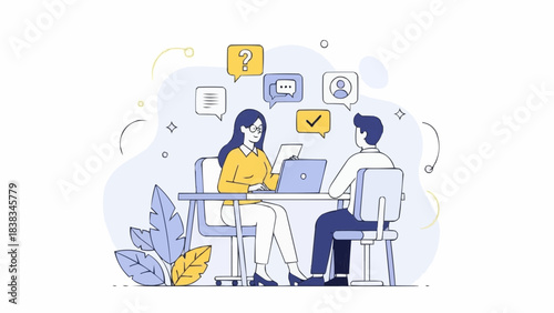 HR manager or recruiter interviewing work candidate, applicant. Job interview, vacancy, hiring recruitment process concept. Vector illustration.