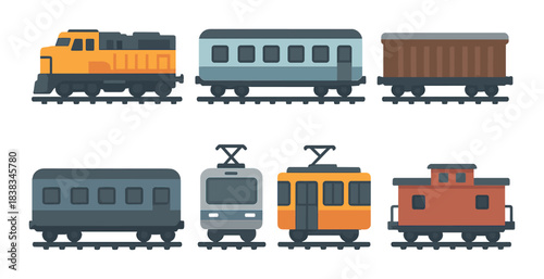 Set of six stylized train carriages on tracks in soft lighting