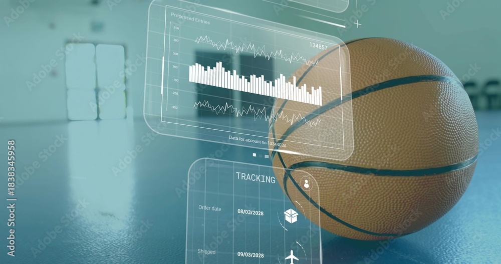 Naklejka premium Sitting basketball showing pebble-grain on glossy blue court with holographic panels, copy space