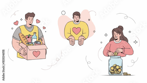 Charity and donation set. Volunteers collecting money in jar and food in box. Volunteering, support, humanitarian assistance concept. Vector illustration.
