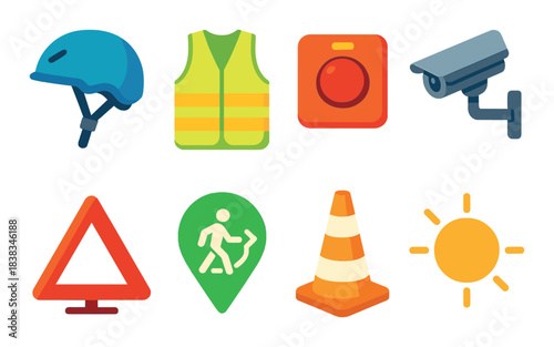 Colorful safety equipment icons featuring helmet vest cone and surveillance camera