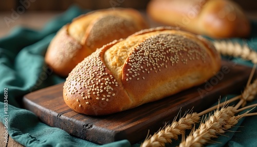 Artisan sourdough bread loaves topped with sesame seeds on a rustic wooden board and dark green cloth. Golden brown crusts complement wheat stalks.