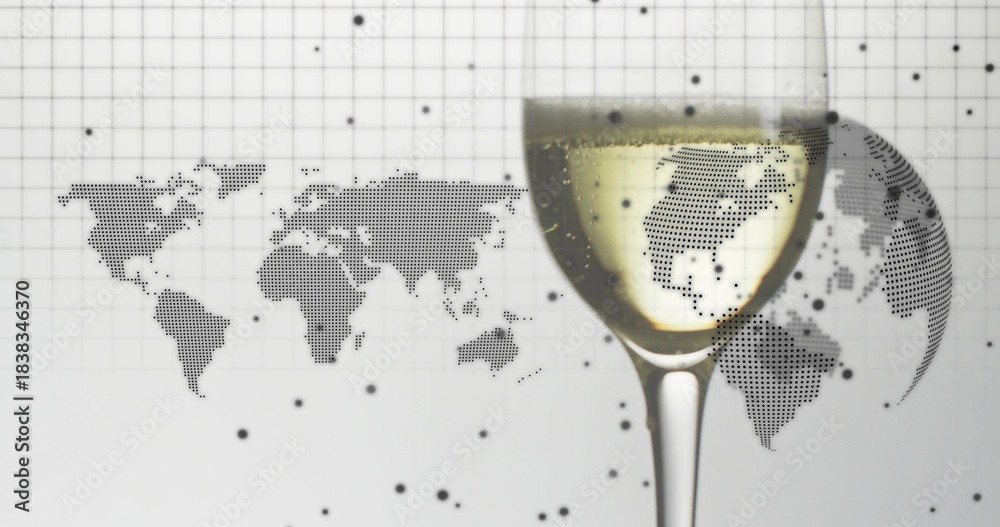 Fototapeta premium Displaying stemmed wine glass refracting dotted world map on studio set, square grid, copy space