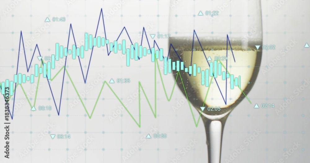 Naklejka premium Displaying stemmed wine glass with white wine in studio, refracting blue green graphs, copy space
