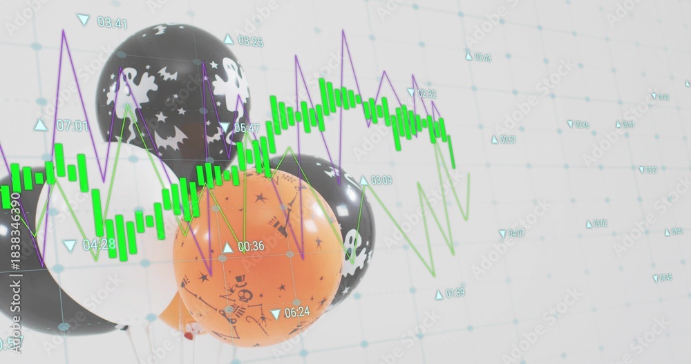 Fototapeta premium Displaying cluster of black ghost prints, orange, white balloons in studio grid, with green bars