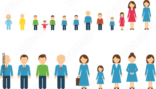 Set of diverse family characters representing different ages and life stages, including babies, children, adults, and seniors, illustrated in a simple modern flat vector style