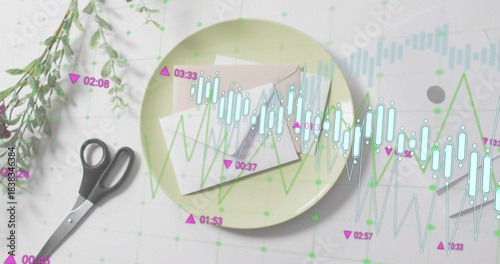 Displaying pale green plate holding two folded papers on grid desk, showing market overlay