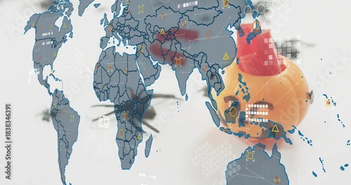 Obraz Displaying translucent map overlay showing red Central-Asia heatmap in studio, rubber duck, rotors