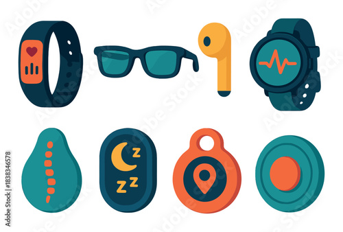 Colorful wearable tech: smartwatch, fitness tracker, wireless earbuds, smart glasses, health icons