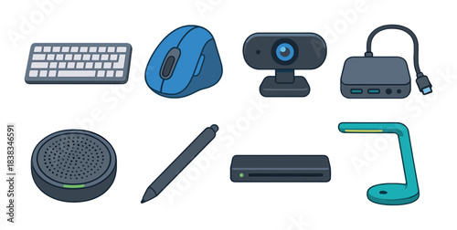 Collection of digital office accessories including keyboard, mouse, webcam, and docking station