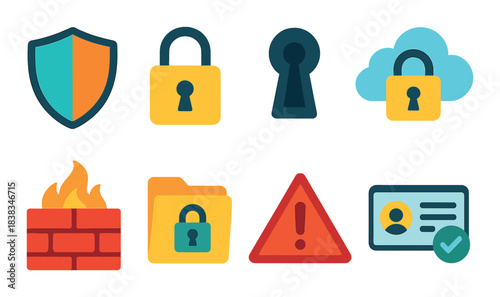 Digital security icons featuring lock, firewall, cloud, warning, id verification