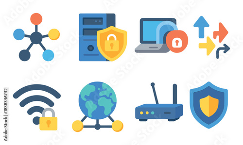 Data security icons: network protection, encryption, privacy, firewall, safe browsing