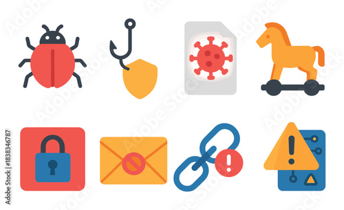 Cybersecurity threats visualized: bugs, phishing, malware, trojans, and alerts