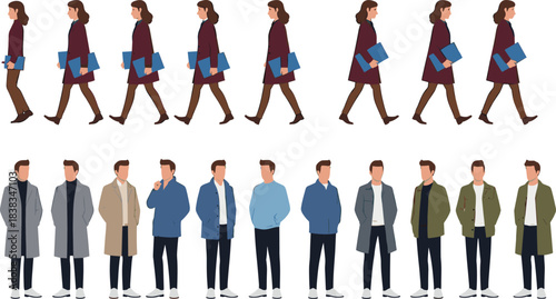 Collection of male and female characters walking and standing in stylish winter clothing, showcasing modern fashion, professional lifestyle, and everyday city activity in vector style