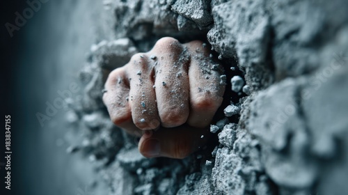 A fist bursts through a concrete wall, expressing strength and resilience