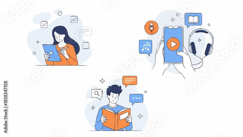 Various books set. Characters reading book, studying with ebook, listening audiobook on smartphone. Education concept. Vector illustration.