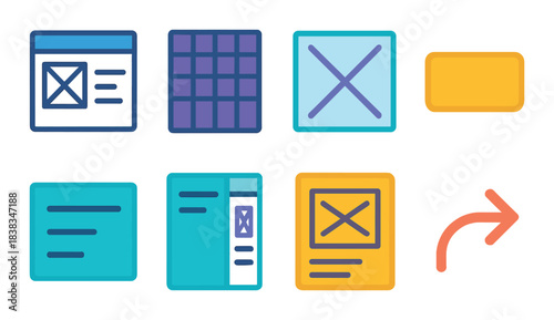 Colorful neon icons of software interface elements on dark background