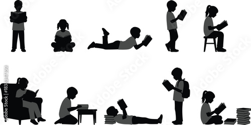 Set of Black Children Silhouettes Reading Books in Various Poses Representing Education, Literacy, Learning, School, Study, and Bookworm Lifestyle Vector.
