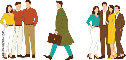 Group of fashionable business professionals posing together with a walking businessman holding a briefcase, representing teamwork, corporate lifestyle, and modern office culture in vector style