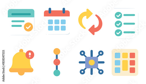 Colorful digital icons featuring calendar, checklist, and notification bell
