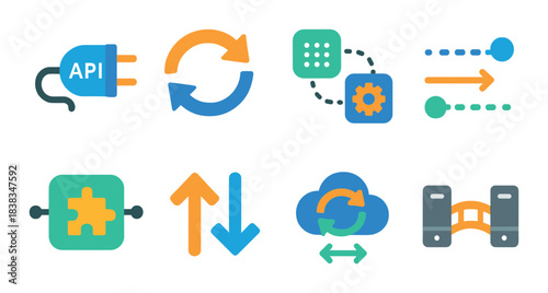 Colorful set of neon tech icons illustrating api, data sync, cloud integration, and connectivity