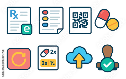 Healthcare icons: prescription, qr code, medication, cloud upload, stamp